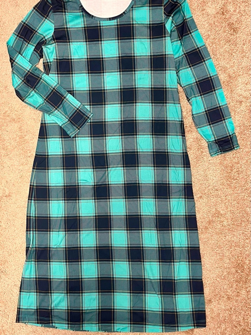 Lands' End Teal and Navy Plaid Long Sleeve Nightgown